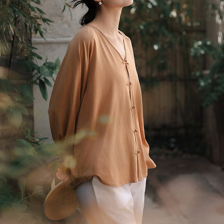 Camisa de lino y algodón con cuello en V y botones de rana china de color puro de verano para mujer con Buddha Stones - image 9
