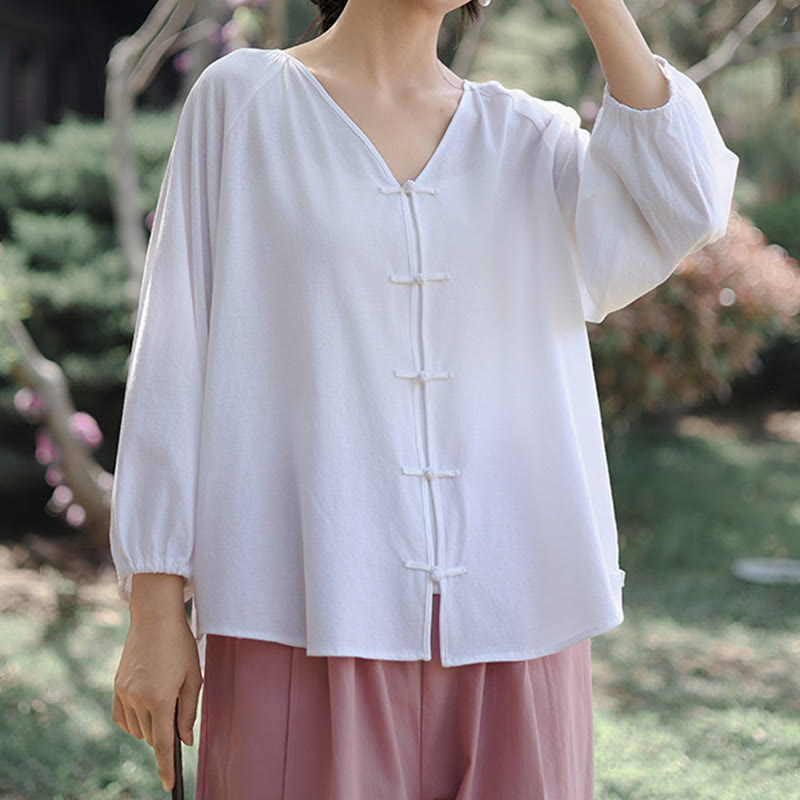 Camisa de lino y algodón con cuello en V y botones de rana china de color puro de verano para mujer con Buddha Stones - image 11