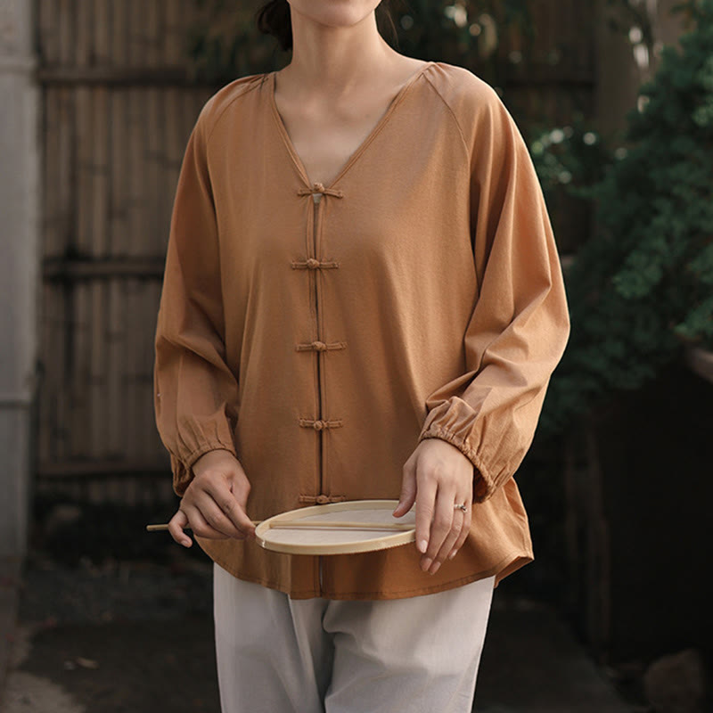 Camisa de lino y algodón con cuello en V y botones de rana china de color puro de verano para mujer con Buddha Stones - image 7