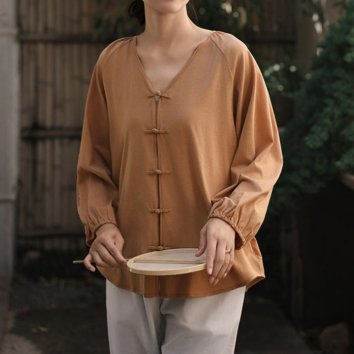 Camisa de lino y algodón con cuello en V y botones de rana china de color puro de verano para mujer con Buddha Stones - image 7
