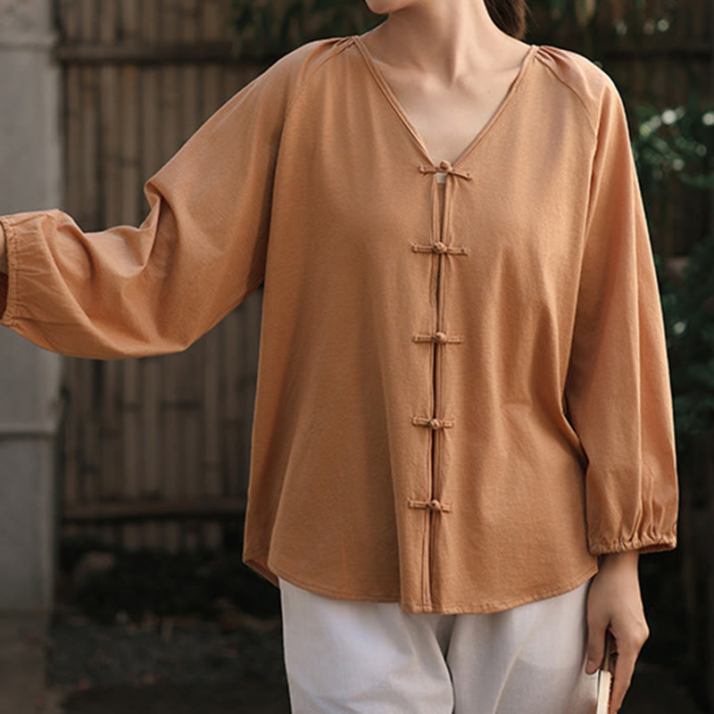 Camisa de lino y algodón con cuello en V y botones de rana china de color puro de verano para mujer con Buddha Stones - Chocolate - US12, UK/AU16, EU44 (2XL) - image 1