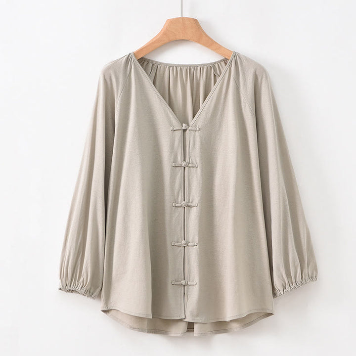 Camisa de lino y algodón con cuello en V y botones de rana china de color puro de verano para mujer con Buddha Stones - Broncearse - US12, UK/AU16, EU44 (2XL) - image 23