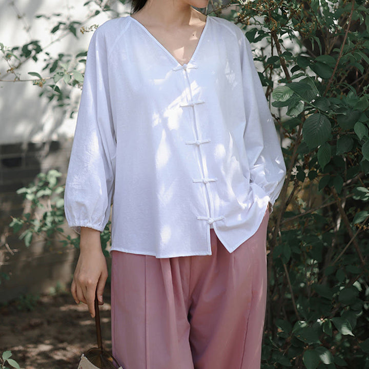 Camisa de lino y algodón con cuello en V y botones de rana china de color puro de verano para mujer con Buddha Stones - image 15