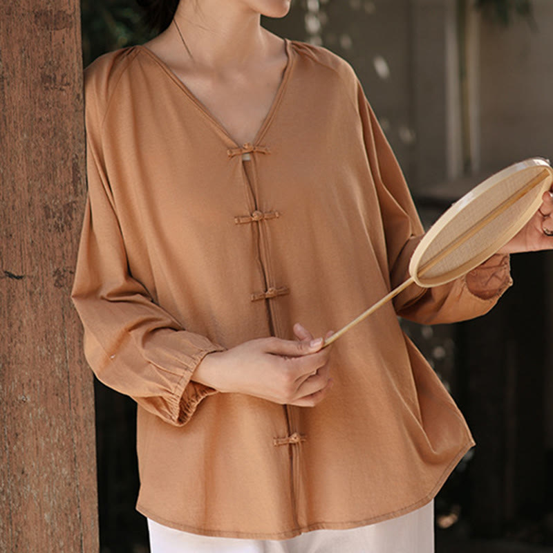Camisa de lino y algodón con cuello en V y botones de rana china de color puro de verano para mujer con Buddha Stones - image 2