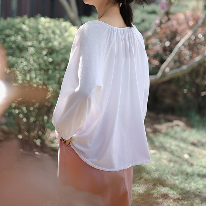 Camisa de lino y algodón con cuello en V y botones de rana china de color puro de verano para mujer con Buddha Stones - image 14