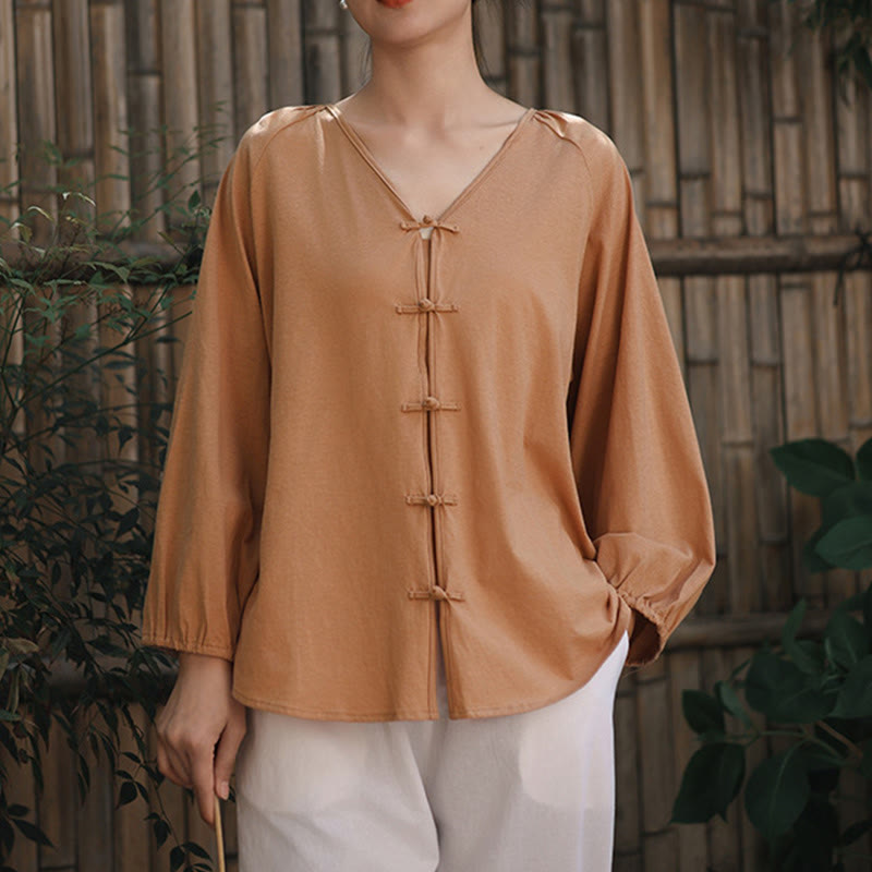 Camisa de lino y algodón con cuello en V y botones de rana china de color puro de verano para mujer con Buddha Stones - image 5