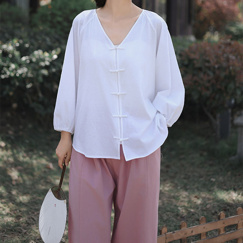 Camisa de lino y algodón con cuello en V y botones de rana china de color puro de verano para mujer con Buddha Stones - image 18
