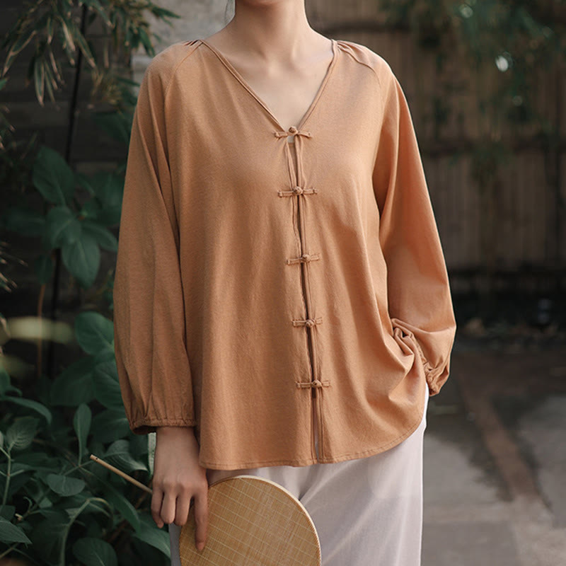 Camisa de lino y algodón con cuello en V y botones de rana china de color puro de verano para mujer con Buddha Stones - image 6