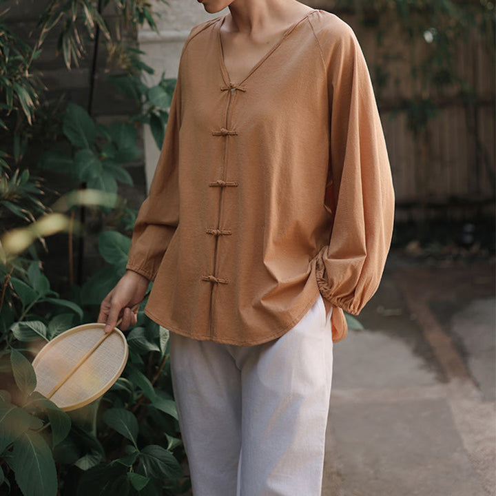Camisa de lino y algodón con cuello en V y botones de rana china de color puro de verano para mujer con Buddha Stones - image 8