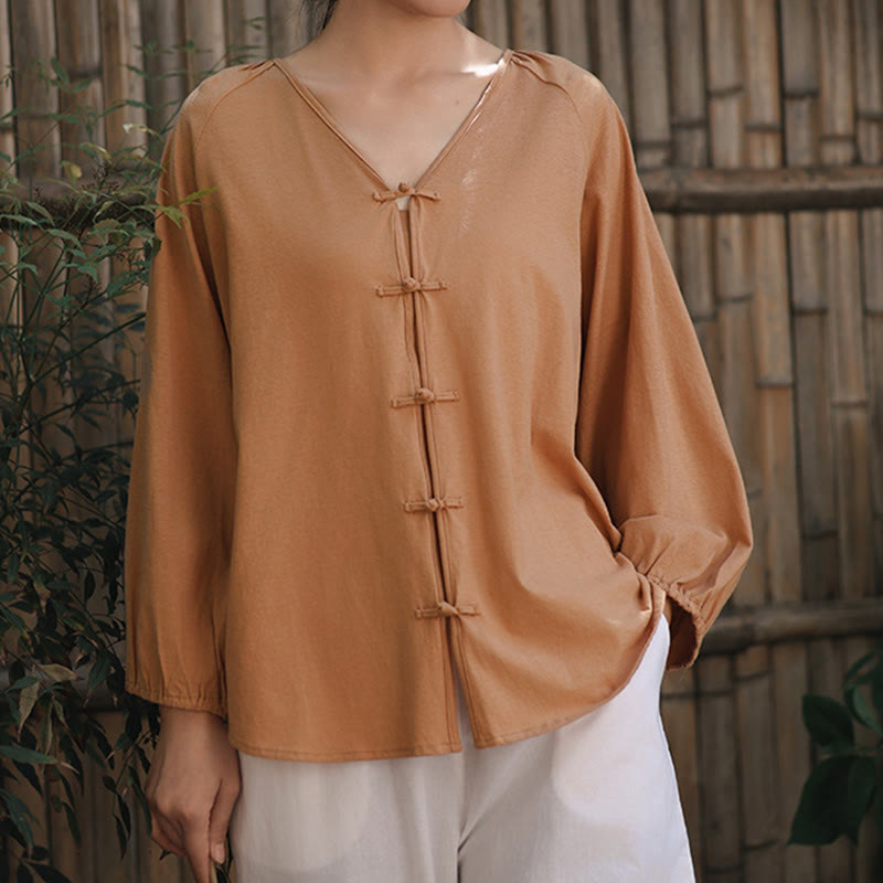 Camisa de lino y algodón con cuello en V y botones de rana china de color puro de verano para mujer con Buddha Stones - image 4