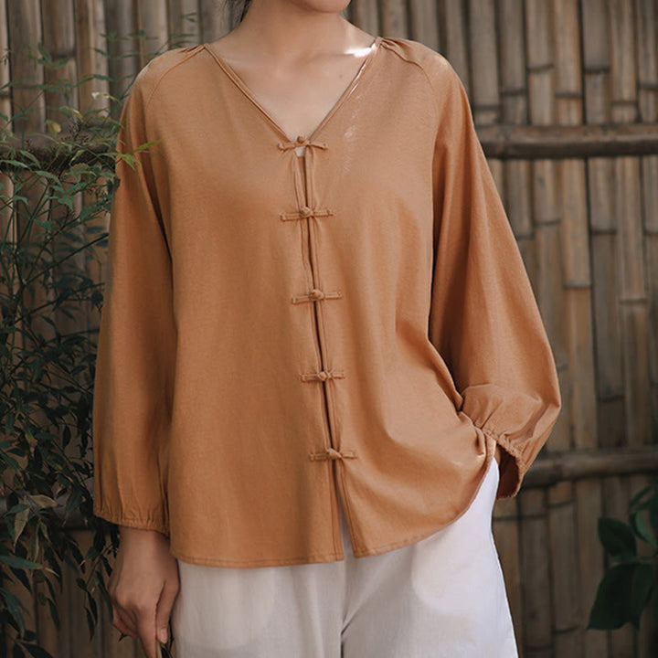 Camisa de lino y algodón con cuello en V y botones de rana china de color puro de verano para mujer con Buddha Stones - image 4