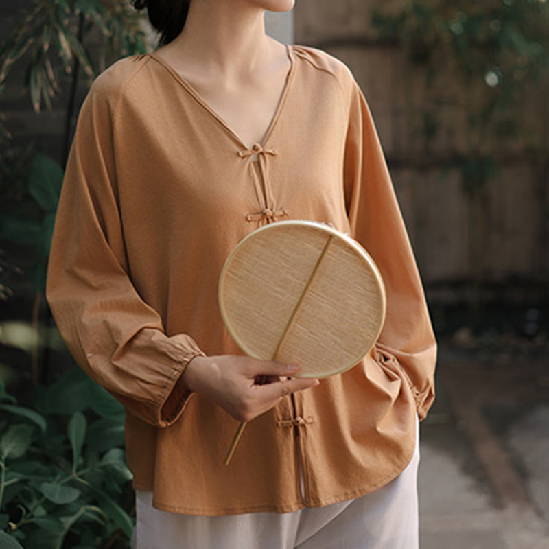 Camisa de lino y algodón con cuello en V y botones de rana china de color puro de verano para mujer con Buddha Stones - image 3
