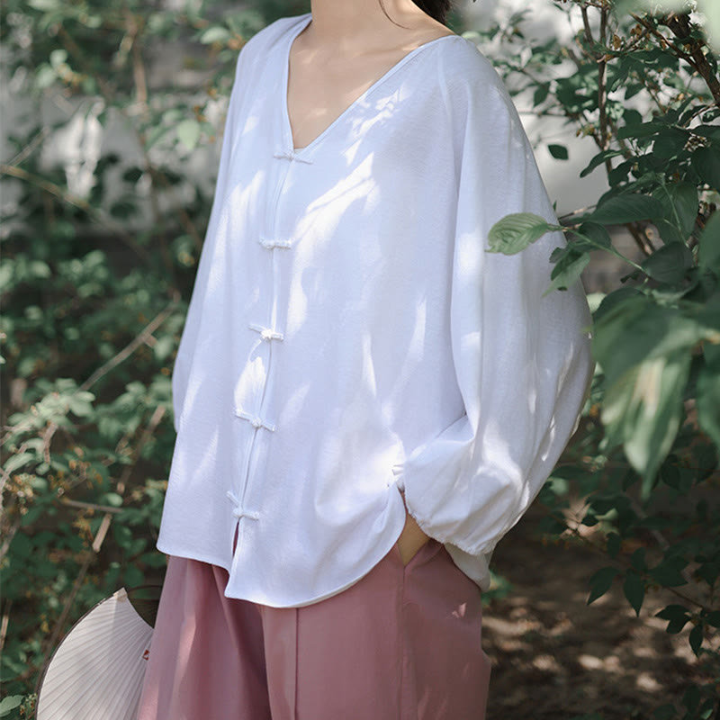 Camisa de lino y algodón con cuello en V y botones de rana china de color puro de verano para mujer con Buddha Stones - image 13