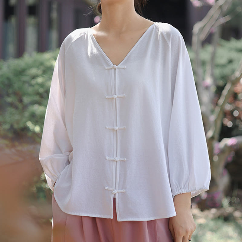 Camisa de lino y algodón con cuello en V y botones de rana china de color puro de verano para mujer con Buddha Stones - image 16