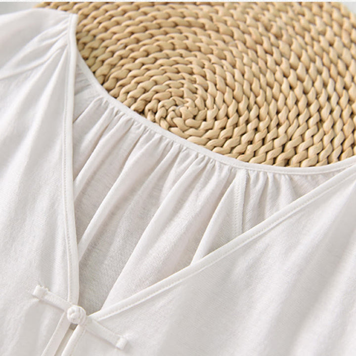 Camisa de lino y algodón con cuello en V y botones de rana china de color puro de verano para mujer con Buddha Stones - image 19