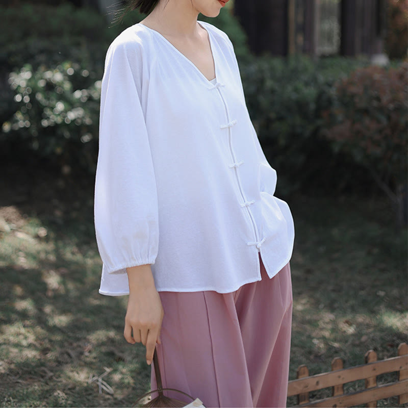 Camisa de lino y algodón con cuello en V y botones de rana china de color puro de verano para mujer con Buddha Stones - image 17