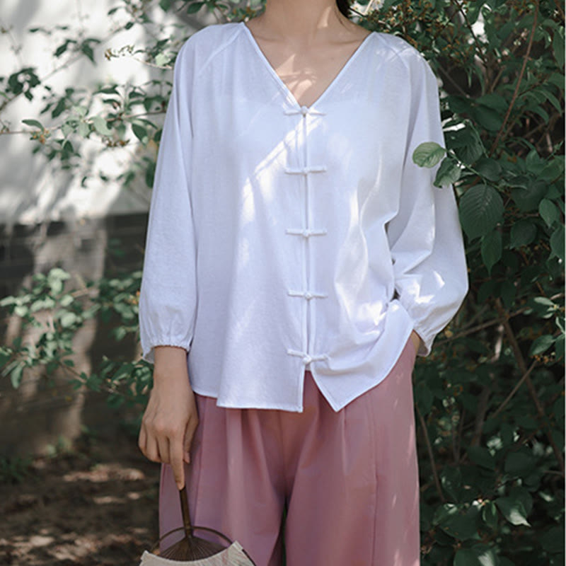 Camisa de lino y algodón con cuello en V y botones de rana china de color puro de verano para mujer con Buddha Stones - image 12