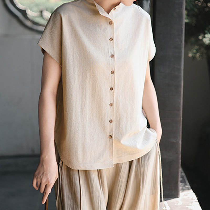 Camisa de algodón de manga corta para mujer con cuello alto y diseño de botones vintage de Buddha Stones - image 12