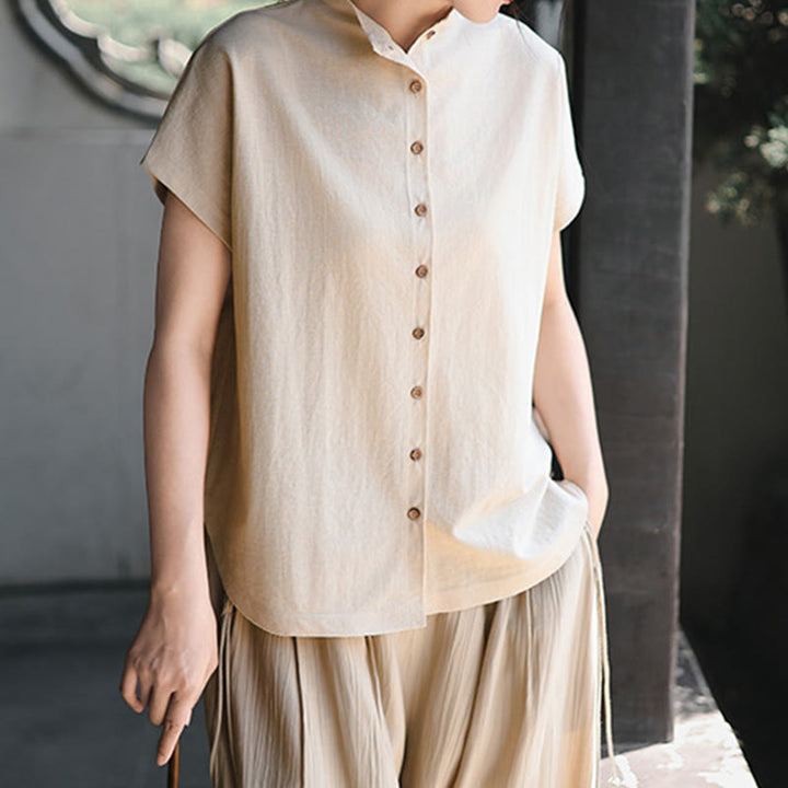 Camisa de algodón de manga corta para mujer con cuello alto y diseño de botones vintage de Buddha Stones - image 12