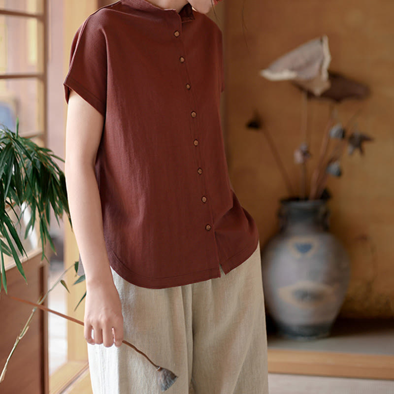 Camisa de algodón de manga corta para mujer con cuello alto y diseño de botones vintage de Buddha Stones - image 7