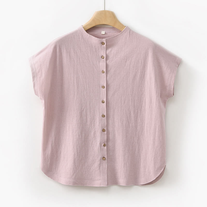 Camisa de algodón de manga corta para mujer con cuello alto y diseño de botones vintage de Buddha Stones - Rosa - US8-10，UK/AU12-14，EU40-42 (2XL) - image 22