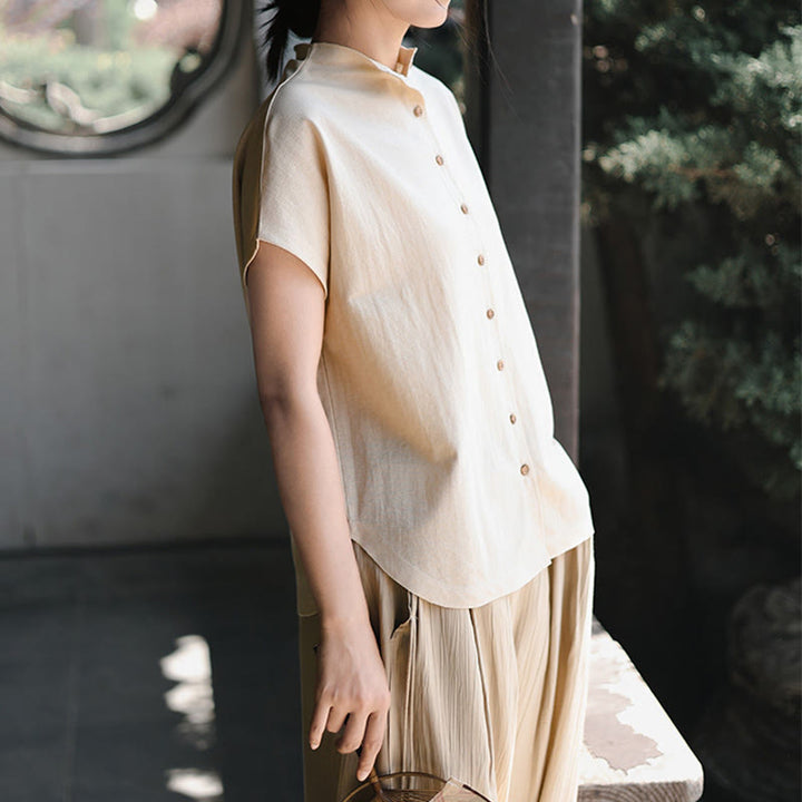 Camisa de algodón de manga corta para mujer con cuello alto y diseño de botones vintage de Buddha Stones - image 13