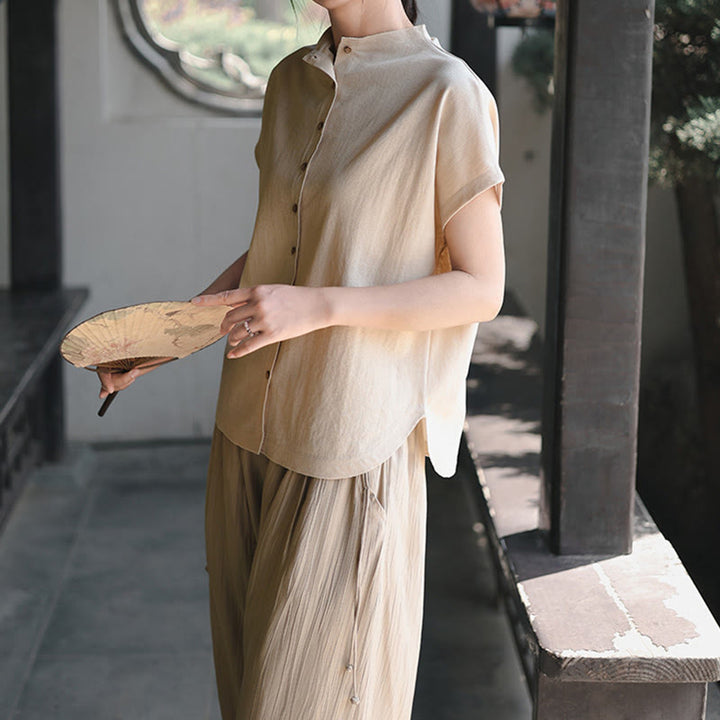 Camisa de algodón de manga corta para mujer con cuello alto y diseño de botones vintage de Buddha Stones - image 14