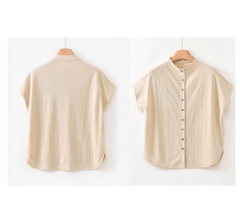 Camisa de algodón de manga corta para mujer con cuello alto y diseño de botones vintage de Buddha Stones - image 21