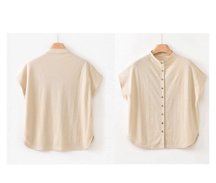 Camisa de algodón de manga corta para mujer con cuello alto y diseño de botones vintage de Buddha Stones - image 21