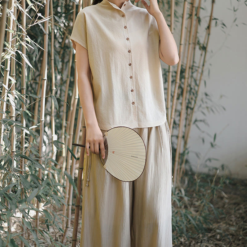 Camisa de algodón de manga corta para mujer con cuello alto y diseño de botones vintage de Buddha Stones - image 17