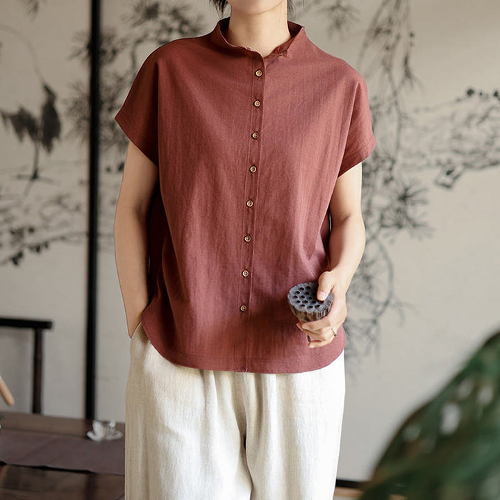 Camisa de algodón de manga corta para mujer con cuello alto y diseño de botones vintage de Buddha Stones - image 3