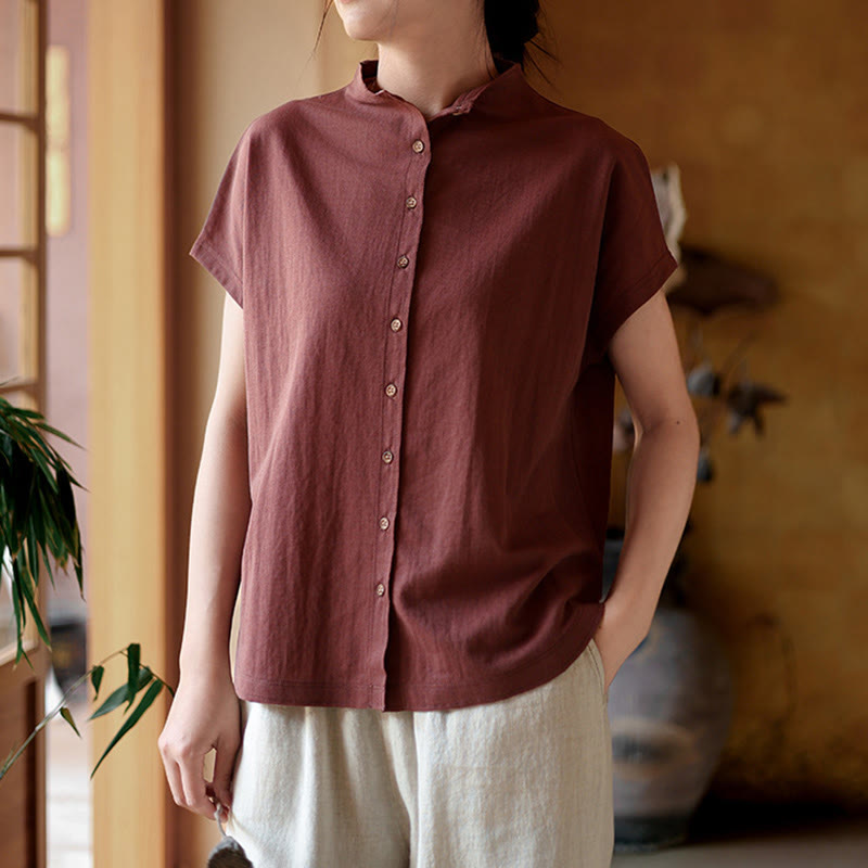 Camisa de algodón de manga corta para mujer con cuello alto y diseño de botones vintage de Buddha Stones - image 2