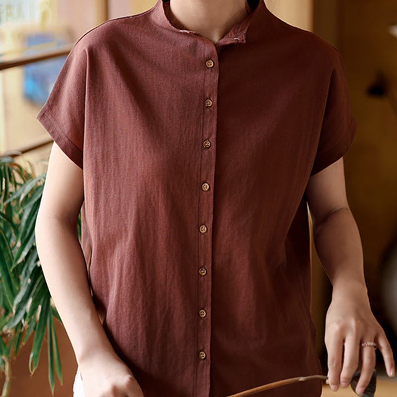 Camisa de algodón de manga corta para mujer con cuello alto y diseño de botones vintage de Buddha Stones - Marrón - US8-10，UK/AU12-14，EU40-42 (2XL) - image 1