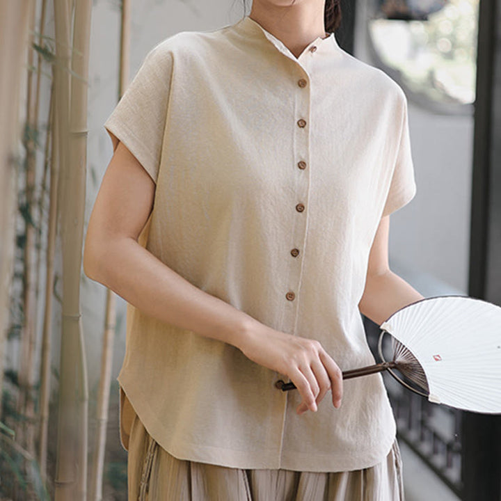 Camisa de algodón de manga corta para mujer con cuello alto y diseño de botones vintage de Buddha Stones - Lino - US8-10，UK/AU12-14，EU40-42 (2XL) - image 9