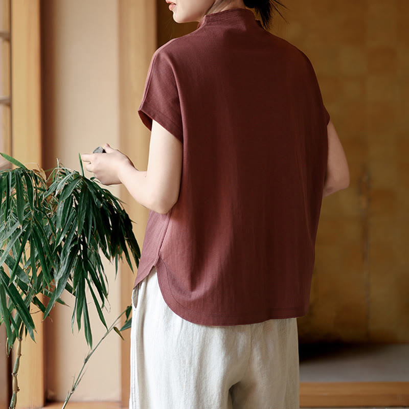 Camisa de algodón de manga corta para mujer con cuello alto y diseño de botones vintage de Buddha Stones - image 6