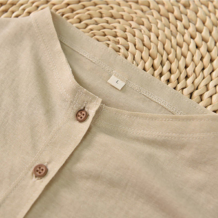 Camisa de algodón de manga corta para mujer con cuello alto y diseño de botones vintage de Buddha Stones - image 18