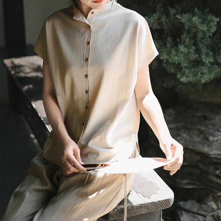 Camisa de algodón de manga corta para mujer con cuello alto y diseño de botones vintage de Buddha Stones - image 11