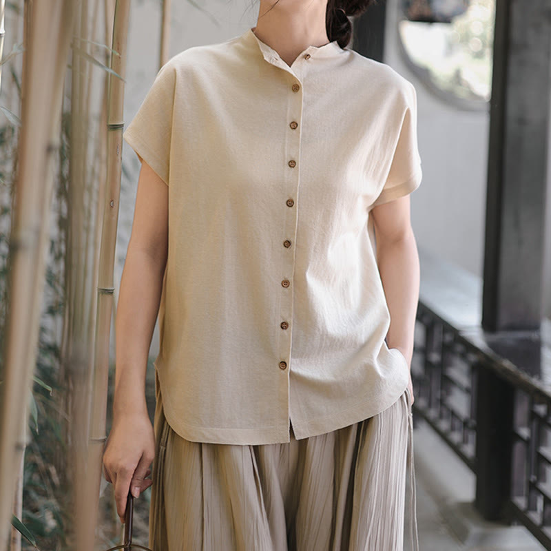 Camisa de algodón de manga corta para mujer con cuello alto y diseño de botones vintage de Buddha Stones - image 10