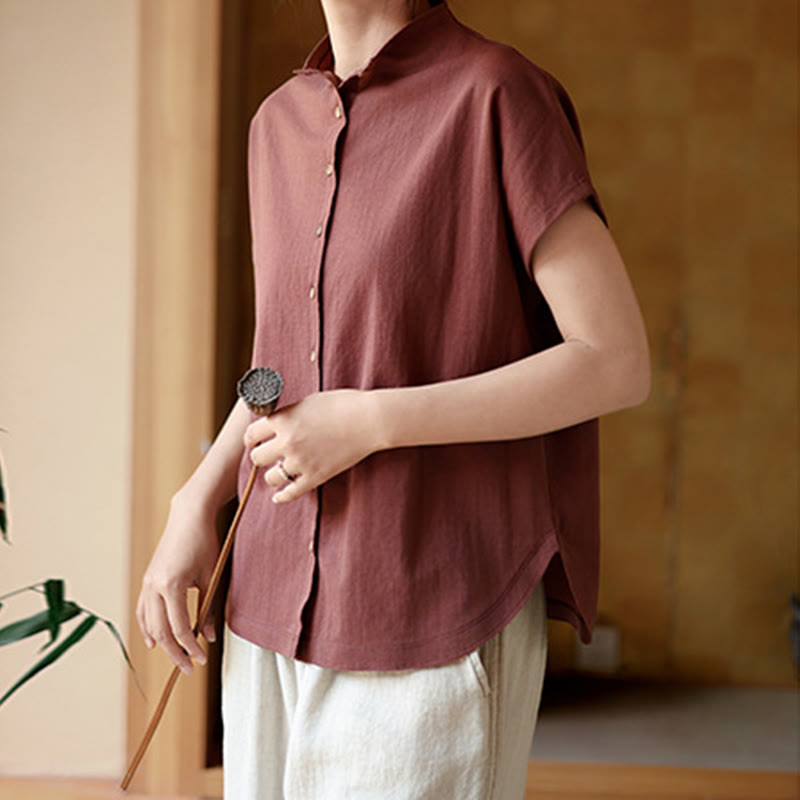 Camisa de algodón de manga corta para mujer con cuello alto y diseño de botones vintage de Buddha Stones - image 5