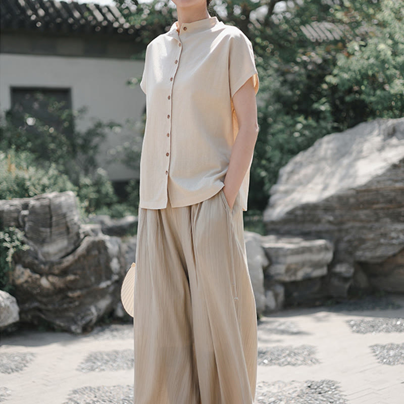 Camisa de algodón de manga corta para mujer con cuello alto y diseño de botones vintage de Buddha Stones - image 15