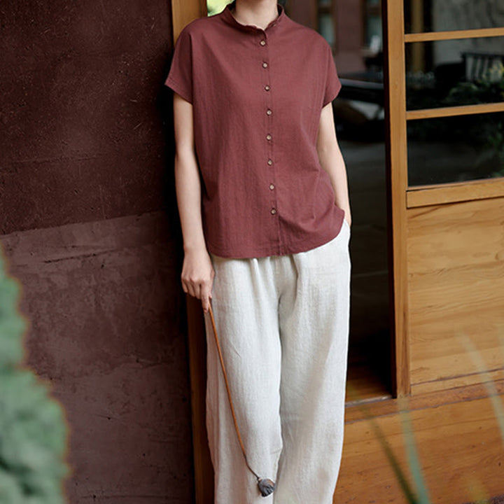 Camisa de algodón de manga corta para mujer con cuello alto y diseño de botones vintage de Buddha Stones - image 8