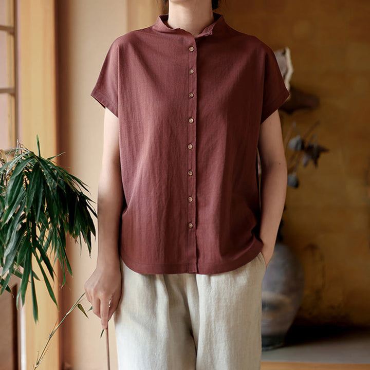 Camisa de algodón de manga corta para mujer con cuello alto y diseño de botones vintage de Buddha Stones - image 4