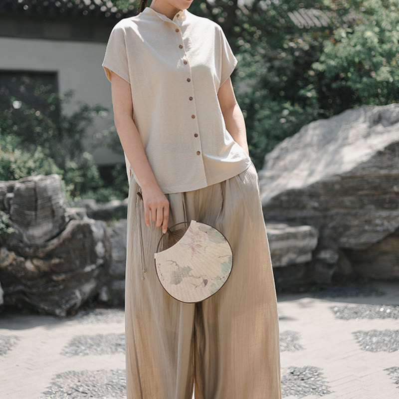 Camisa de algodón de manga corta para mujer con cuello alto y diseño de botones vintage de Buddha Stones - image 16