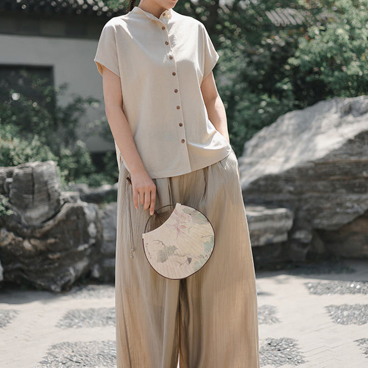 Camisa de algodón de manga corta para mujer con cuello alto y diseño de botones vintage de Buddha Stones - image 16
