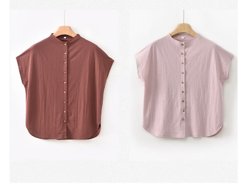 Camisa de algodón de manga corta para mujer con cuello alto y diseño de botones vintage de Buddha Stones - image 23