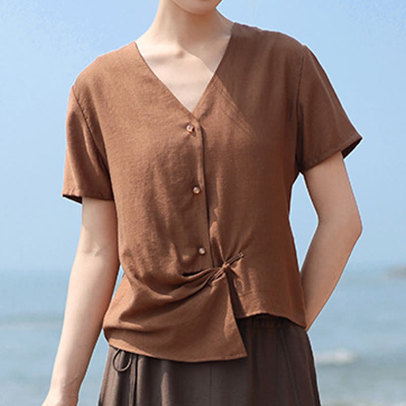 Camisa de lino y algodón con cuello en V, manga corta, diseño irregular con Buddha Stones para mujer - image 3