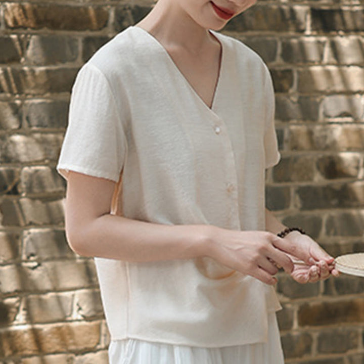 Camisa de lino y algodón con cuello en V, manga corta, diseño irregular con Buddha Stones para mujer - image 17