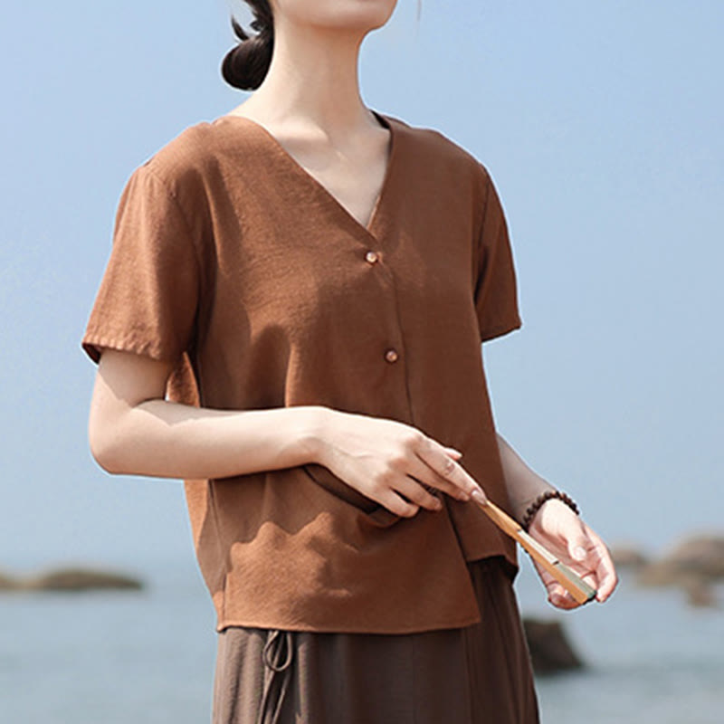 Camisa de lino y algodón con cuello en V, manga corta, diseño irregular con Buddha Stones para mujer - Chocolate - US8-10，UK/AU12-14，EU40-42 (2XL) - image 1