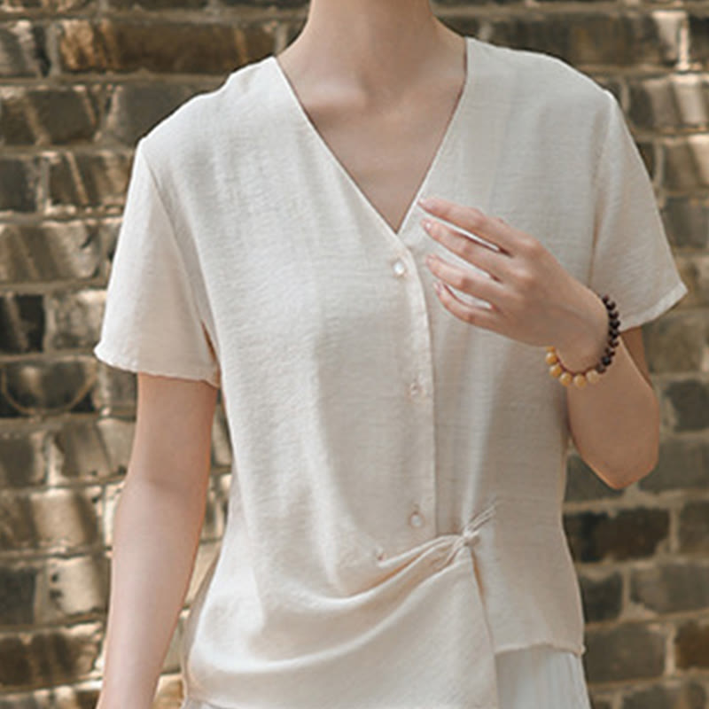 Camisa de lino y algodón con cuello en V, manga corta, diseño irregular con Buddha Stones para mujer - image 12