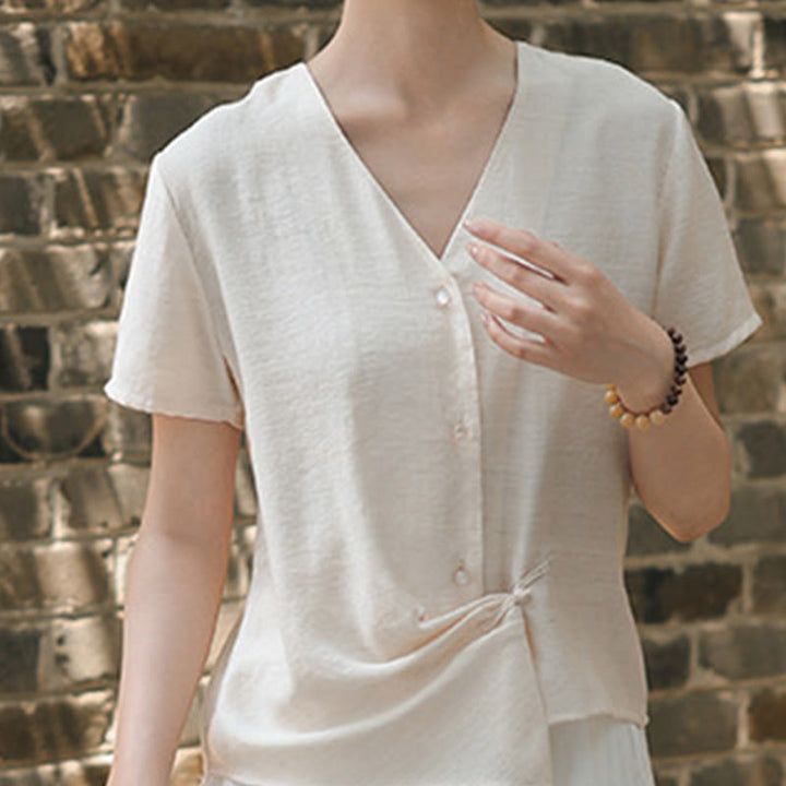Camisa de lino y algodón con cuello en V, manga corta, diseño irregular con Buddha Stones para mujer - image 12